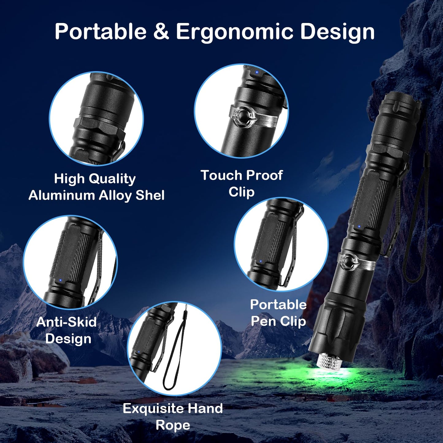 LETEAPII Green Light Flashlight Rechargeable, Long Range Adjustable Focus Tactical Beam for Outdoor Journeys, Camping, Presentations, TV/LED/LCD Screens, and Stargazing