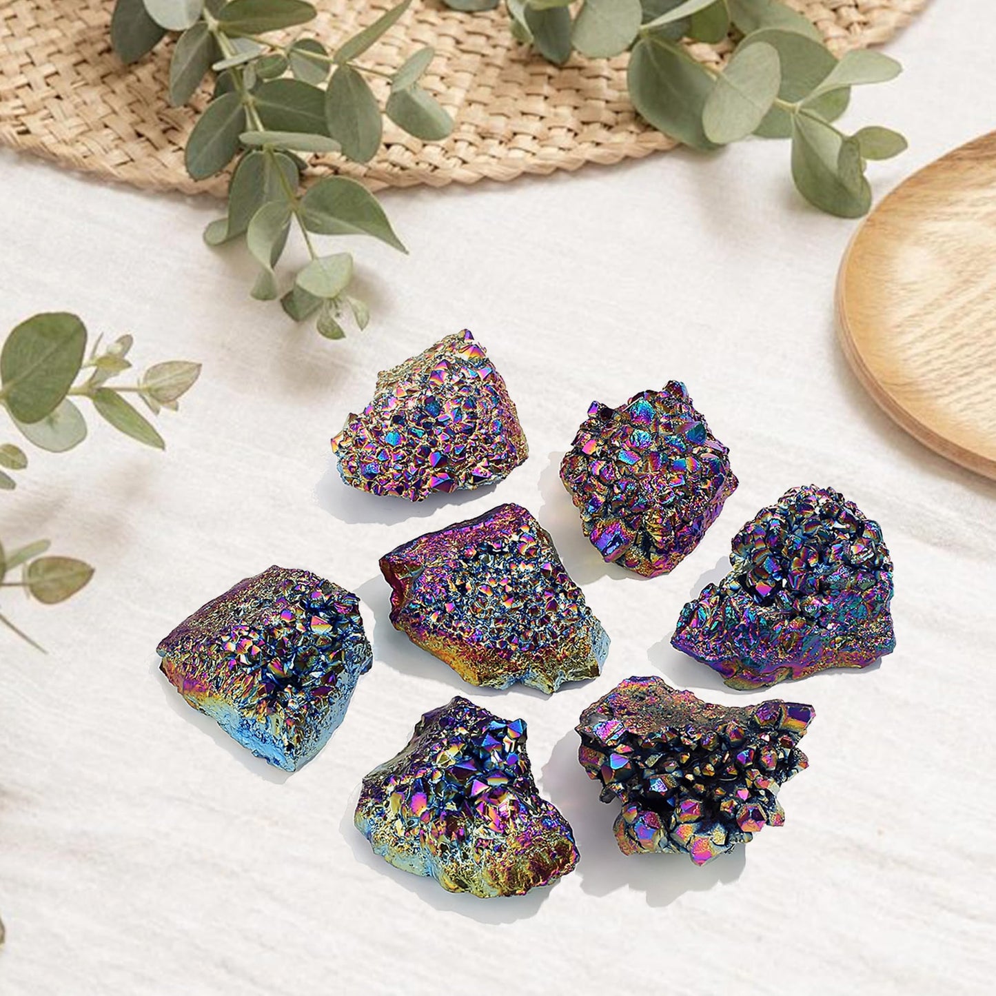 ZHIYUXI Rainbow Crystal Titanium Coated Crystal Cluster Crystal Geode Decor Rainbow Rock Natural Raw Crystal Energy Balance Reiki Wicca Home Decor 1Pc 50-70g