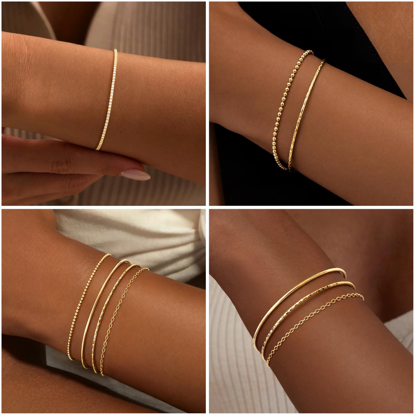 Gold Bracelets for Women 14K Gold Plated 5 Pcs Set - Dainty Stackable Waterproof Stainless Steel Jewelry - Minimalist Paperclip Beaded Tennis Bangle Bracelet Set for Women Gifts