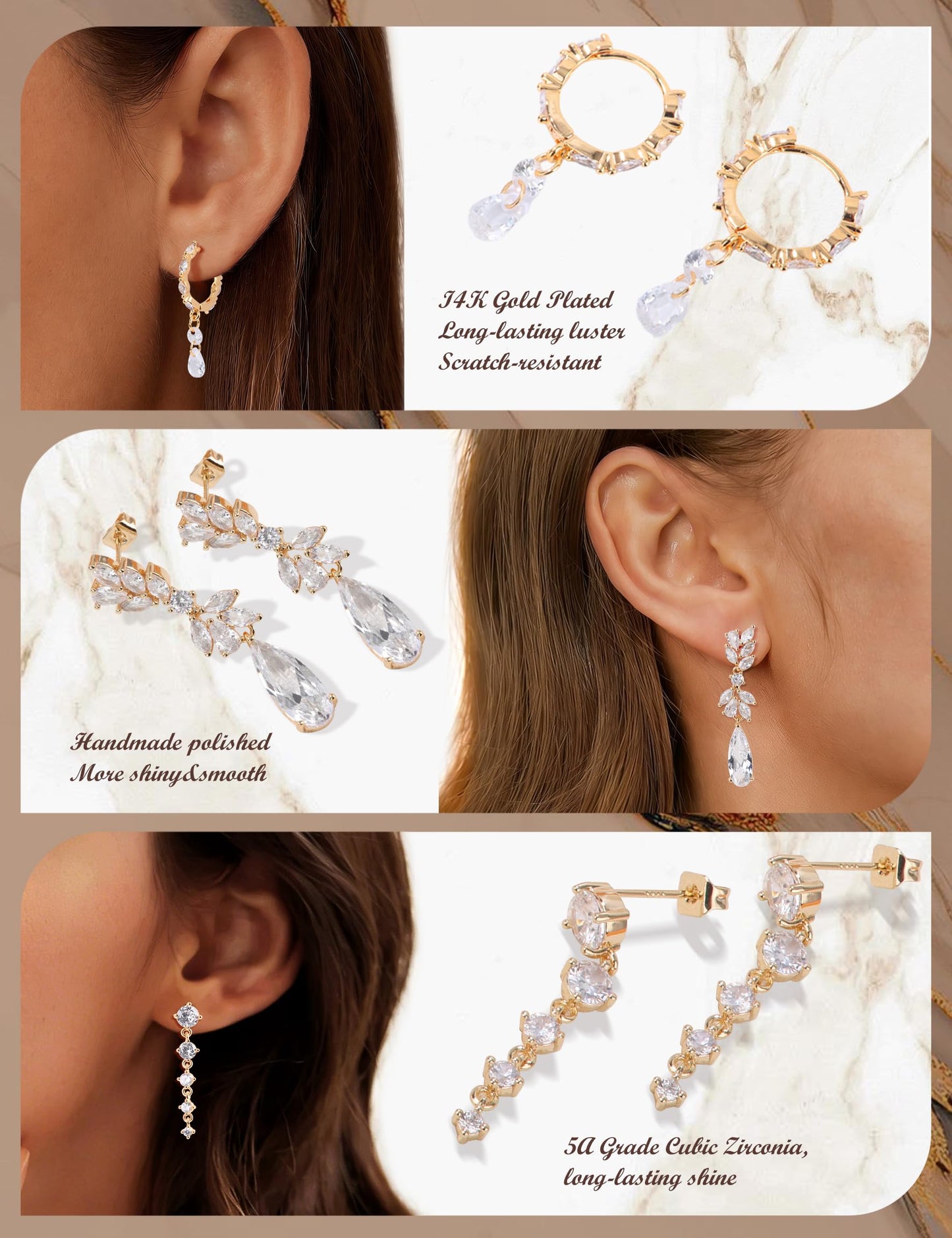 Punhem Dangle Earrings for Women, 14K Gold Plated Elegant Wedding Bride's Long Cubic Zirconia Drop Earrings, Sterling Silver Hypoallergenic Bridesmaid Trendy Dainty Simple Sparkling Wedding Jewelry