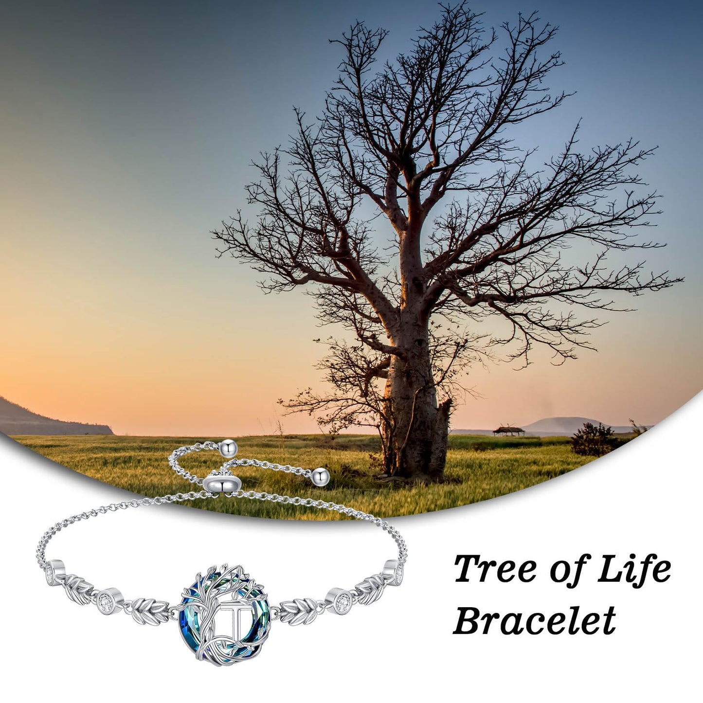 TOUPOP Tree of Life Initial Bracelet Sterling Silver Initials T Letter Link Bracelets Blue Circle Crystal Family Tree Birthday Mothers Day Jewelry Gifts for Women Mom Wife