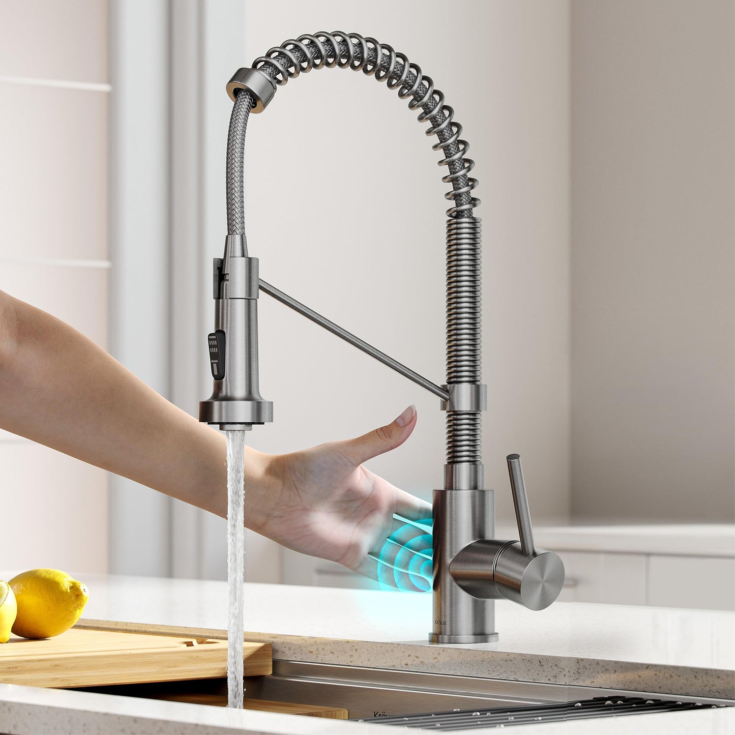 KRAUS Bolden Touchless Sensor Commercial Style 2-Function Single Handle Pull Down Kitchen Faucet in Spot-Free Stainless Steel, KSF-1610SFS
