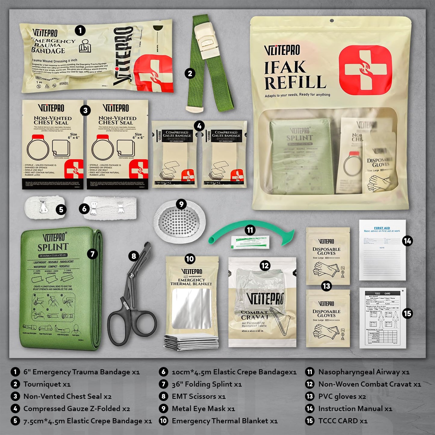 19PCS IFAK Trauma Kit, First Aid Kits Refill Supplies with Tourniquet, Emergency Trauma Bandage, Non-Vented Chest Seal, Emergency Medical & Survival Kit for Bleeding Control, Car & Camping