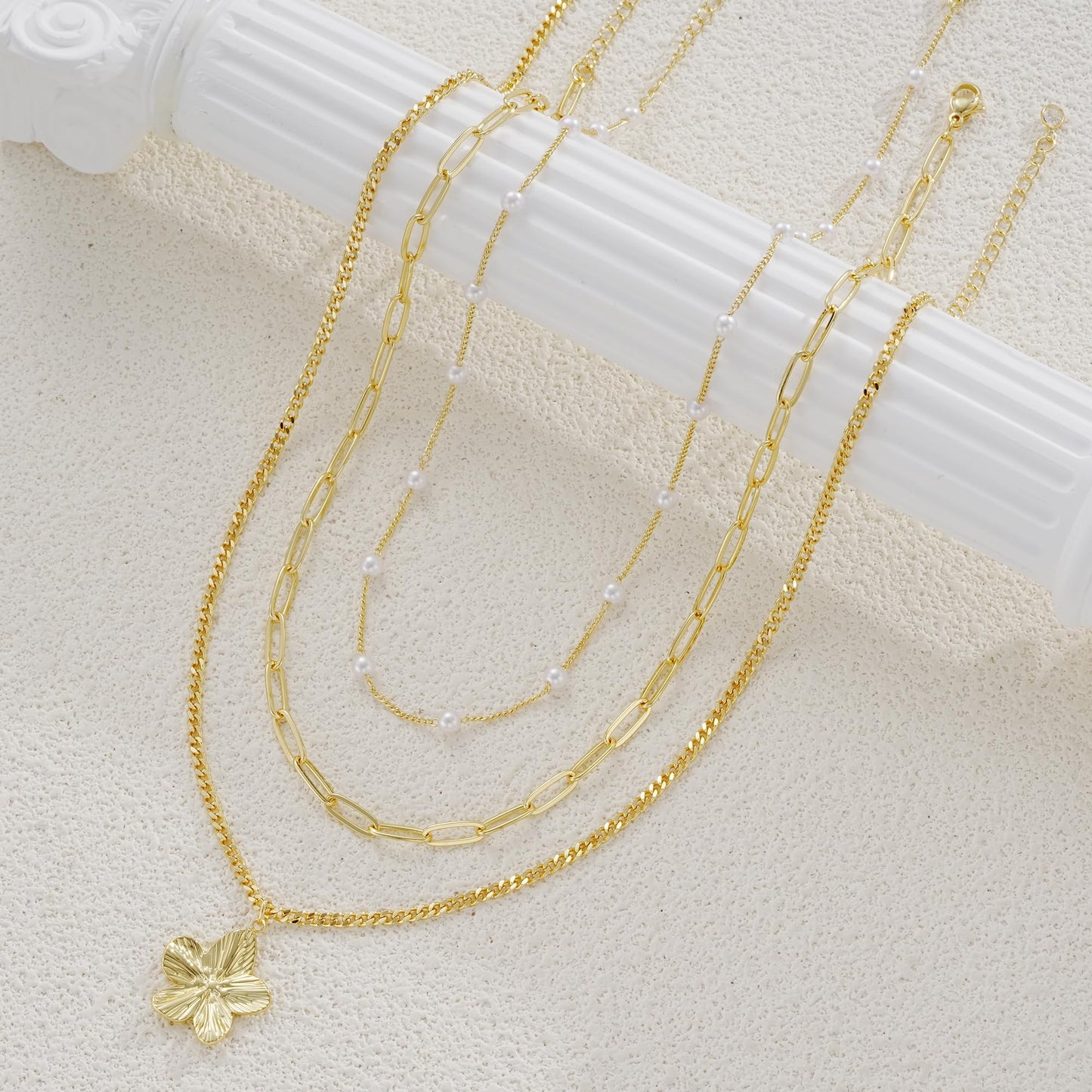 YEEZII Layered Gold Necklaces for Women Trendy, 3 Pcs 14K Gold Plated Choker Paperclip Box Chain Necklace, Stackable Women's Gold Pendant Necklaces Jewelry Set (Gold-3 Pcs-Flower)