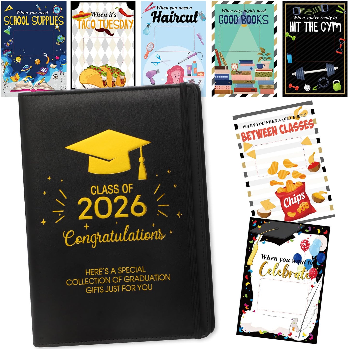 Funrous College Gift Card Book 7 x 5 Inch, Class of 2026 Graduation Gift Card Holder Book for Her/Him, First Year of College Survival Kit, 25 Cards Booklet for Graduates, Black Gold