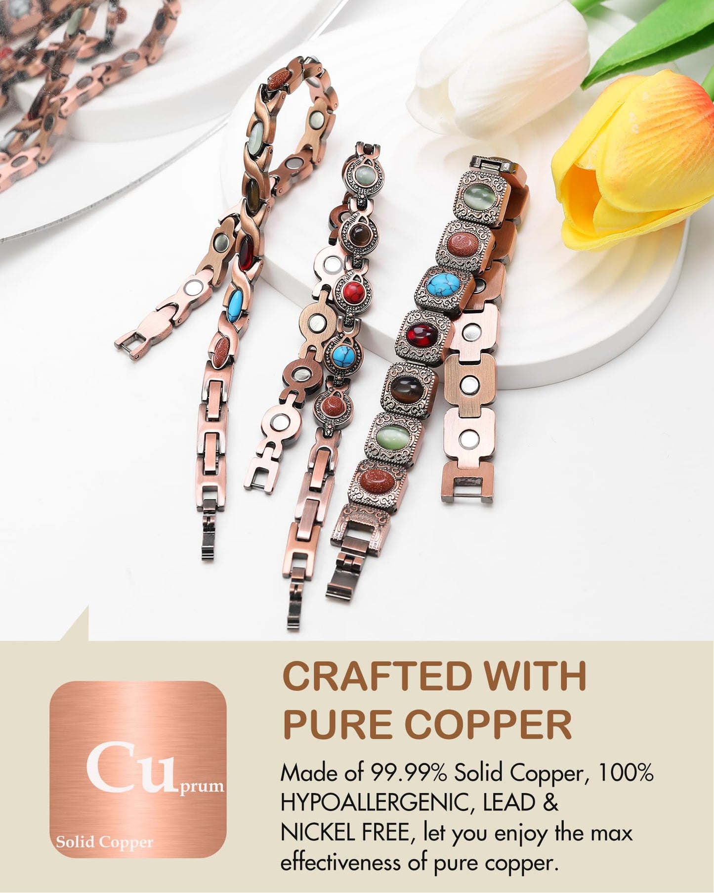 Feraco Copper Necklace & Bracelet for Women, 99.99% Pure Copper Magnetic Chains with 3500 Gauss Ultra Strength Neodymium Magnets & Sparkling Cubic Zirconia, Adjustable CloverJewelry Gift