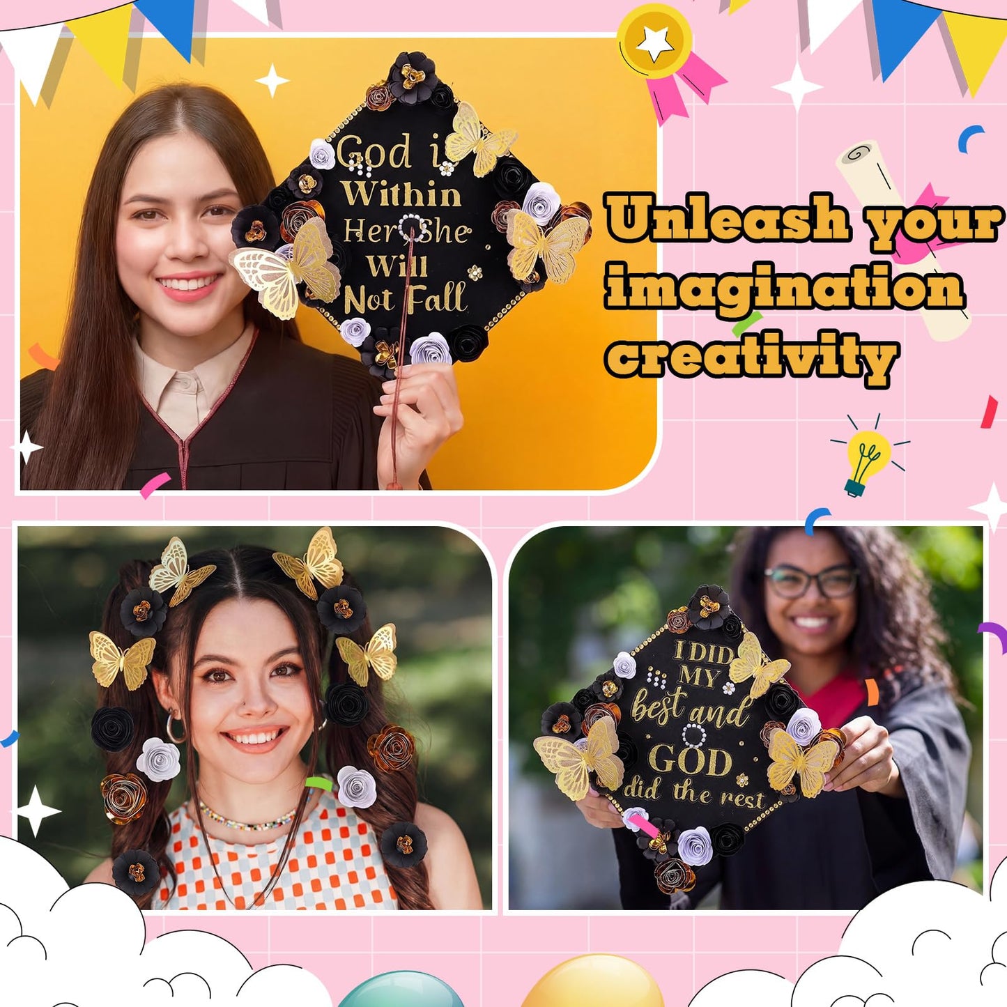 Feifeiya 44 Pcs DIY Graduation Cap Decoration Accessory Kit Faux Paper Flower Head Graduation Quote Glitter Sticker 3D Butterfly Pearl Rhinestone Sticker for Grad Cap Topper Gift (Black Gold)