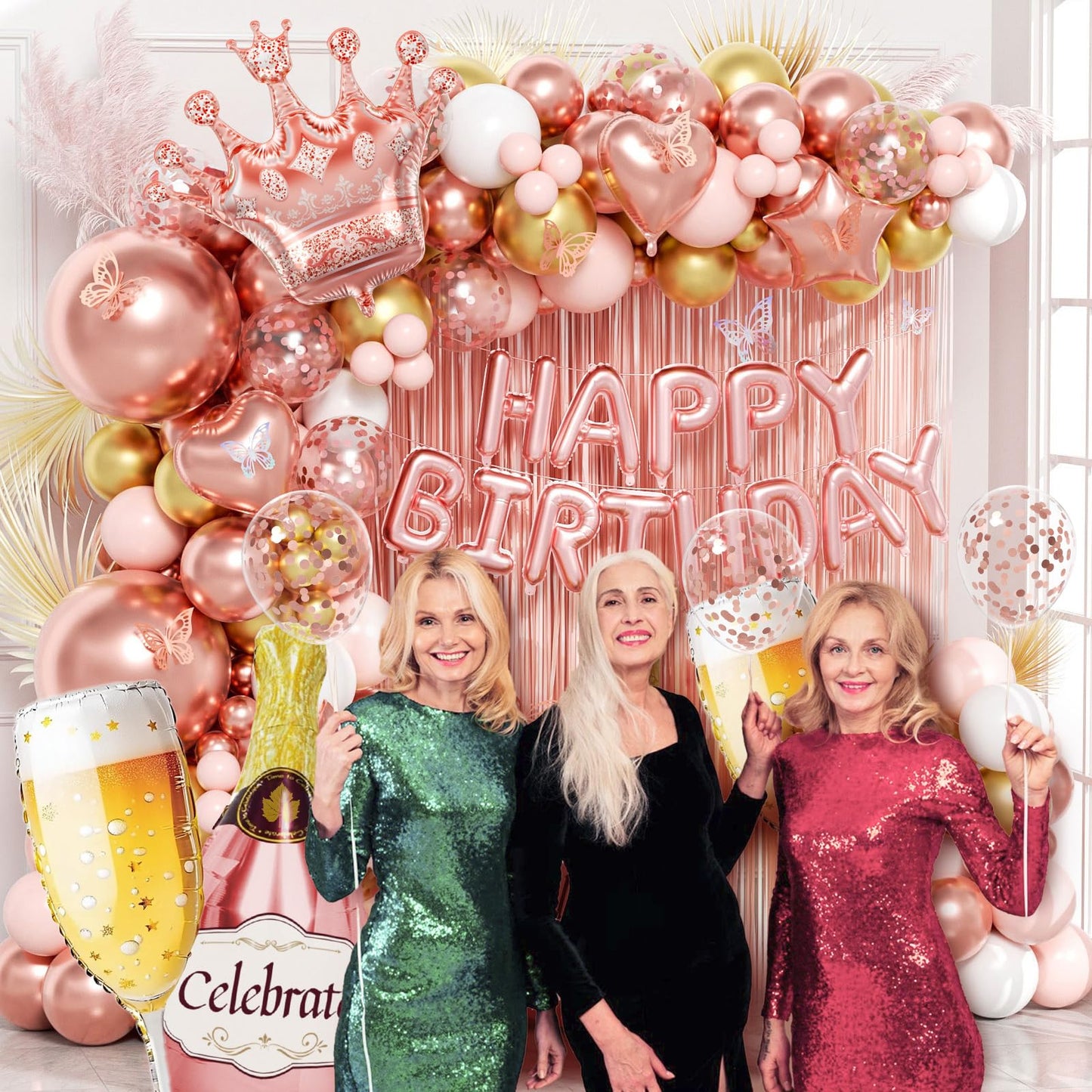 Rose Gold Birthday Decorations for Women, Happy Birthday Decorations with Fringe Curtains, Butterfly Decorations,Rose Gold Balloon Arch Kit for 16th 21st 25 30 40 50th Birthday Decor