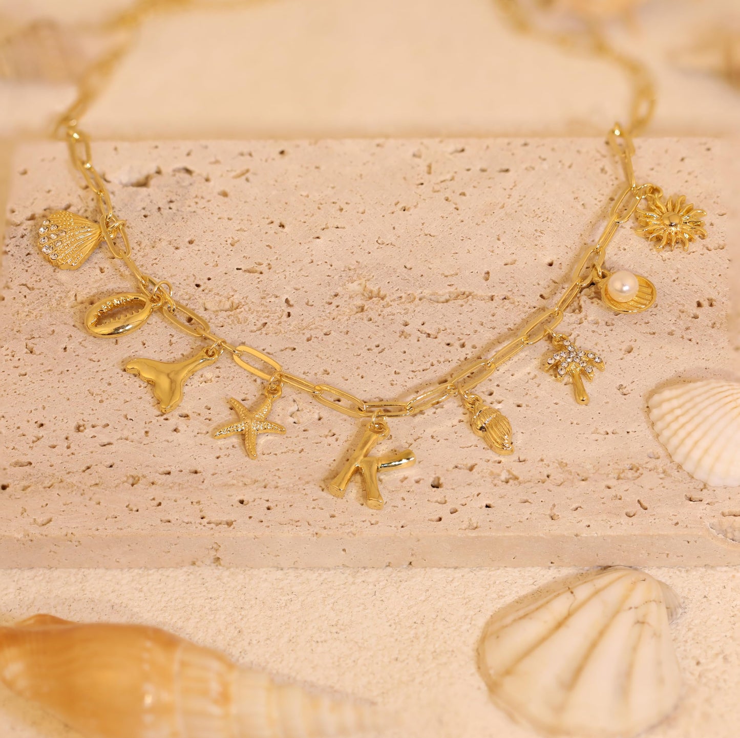 JALZEMPL Initial Charm Necklaces For Women Shell Letter Paperclip Chain Seashell Starfish Beach Summer Pendant Boho Surfer 14K Gold Plated Jewelry Gift (K)