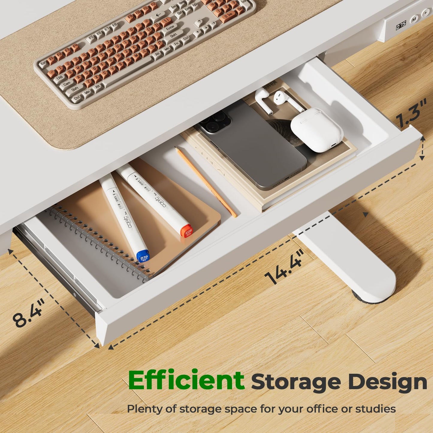 JYLH JOYSEEKER Small Standing Desk with Drawer, 35" x 20" Whole Piece Tabletop Electric Sit Stand Desk, Height Adjustable Desk with Storage & USB Ports, Quick Install Home Office Computer Desk, White