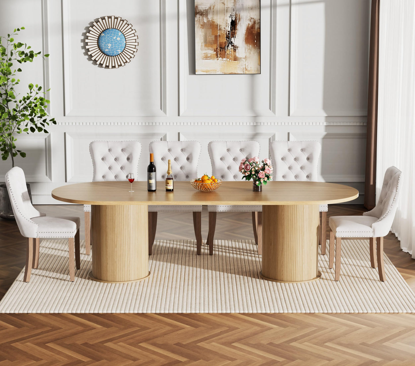 MELAABUU Modern 11-Piece Extendable Dining Table Set for 10, Oval Expandable Kitchen Table Set with 10 Velvet Chairs,63"-94" Large Dining Room Tables with Brown Wood Top & Fluted Cabinet Base
