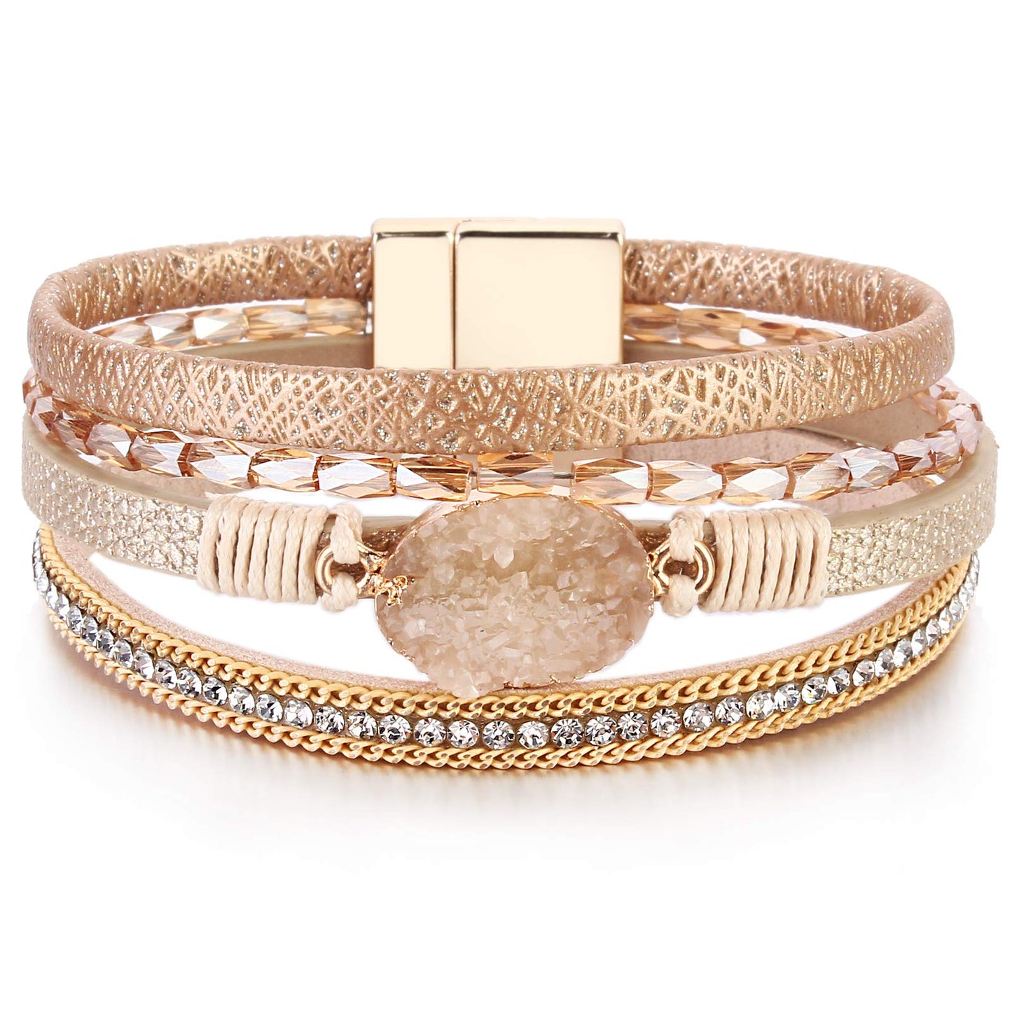 FANCY SHINY Boho Leather Wrap Bracelet Stackable Chunky Crystal Cuff Bracelets with Magnetic Clasp Cowboy Cowgirl Western Summer Beach Outfits Jewelry Gifts for Women (7.7", Gold)