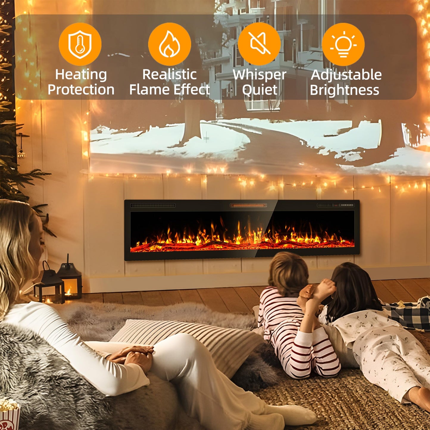 Ludatido 68 Inch Electric Fireplace Wall Mounted and Recessed with Remote Control, Color Adjustable/Realistic Flame W/Timer 1500/750W 400 sq.ft Heating Output Fireplace Heater with Log