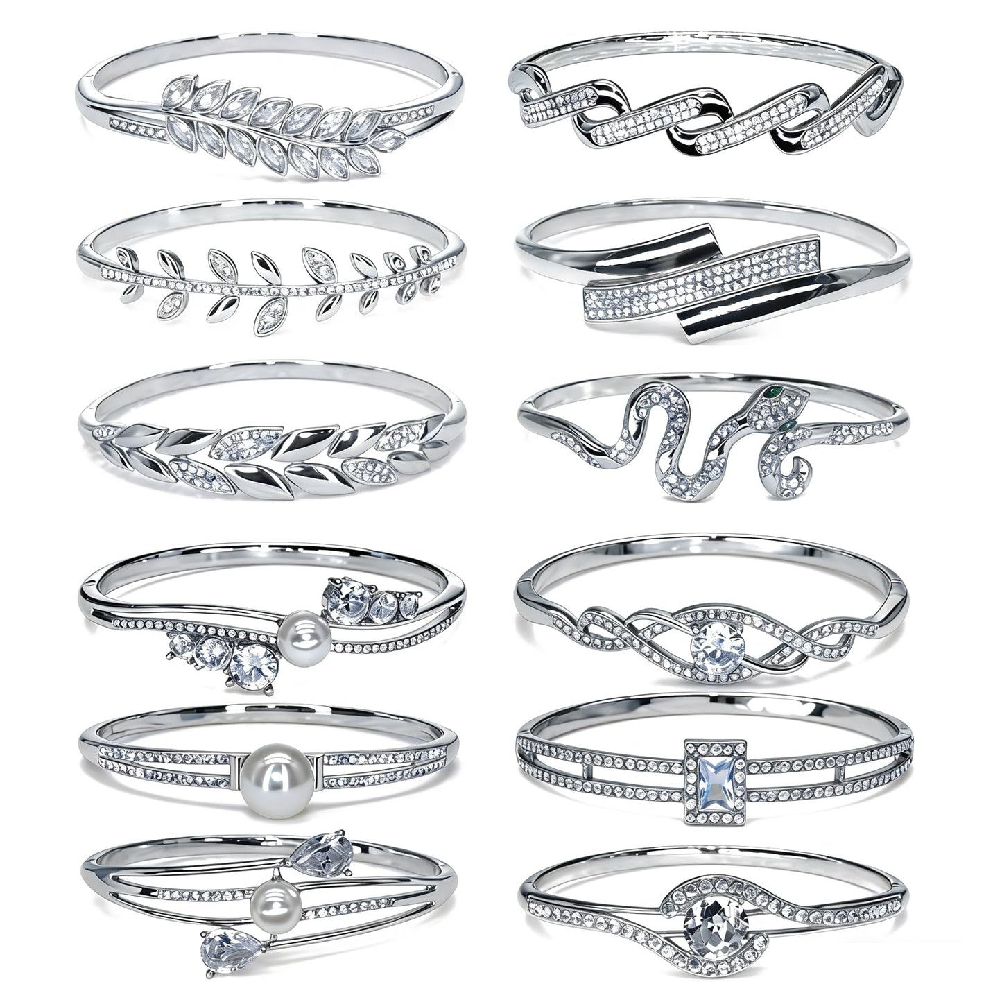 12 Pack Women's Zinc Alloy Fashion Jewelry Gold/Silvery Bangle Bracelet Bulk Set with Wheat/Olive Branch, Chain, Snake Shape, Pearl, Twisted Texture & Diamond-Embedded Square/Circular Stone Designs - For Daily Wear, Special Occasions & Women Gift for Her,
