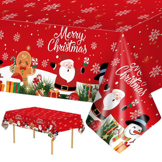 2 Pcs Christmas Tablecloth - Plastic Merry Christmas Table Cloth, Red Disposable Rectangle Cute Santa Claus Snowman Xmas Table Cover for Christma Party Decorations Favors Tables Decor, 108 x 54 Inch