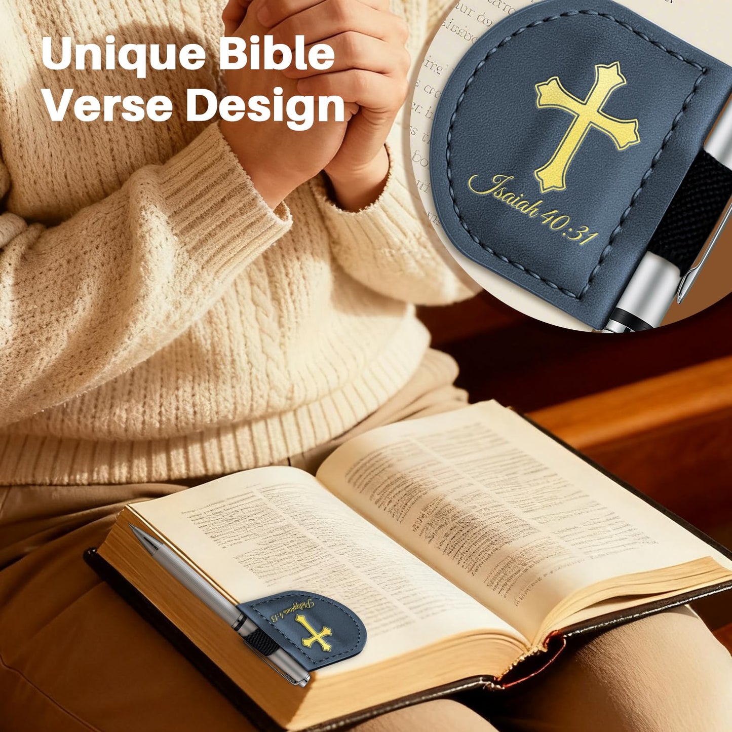 Personalized Magnetic Leather Bookmark with Pen Holder - Bygone Mark Custom Bible Verse Bookmarker,Book Marker for Men & Women,Book Lovers,Readers,Church(Blue,Joshua 1:9)