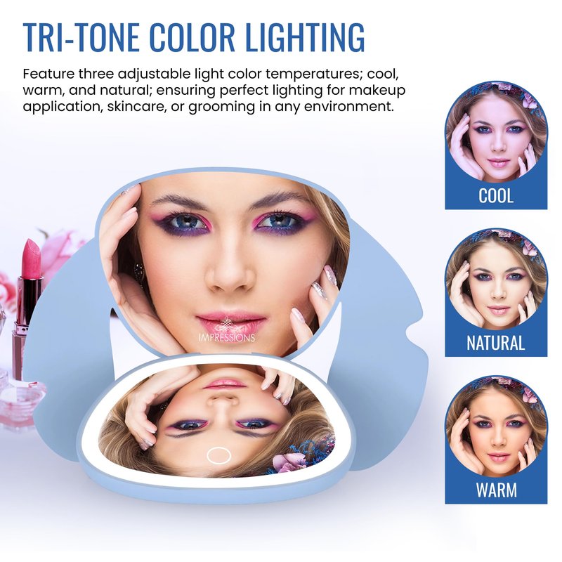 Impressions Vanity Stitch Ohana LED Compact Mirror with Lights, Lighted Travel Makeup Mirror with 3X Magnification, Adjustable Brightness, and Soft Touch Velvety Finish, Auto Shut-Off
