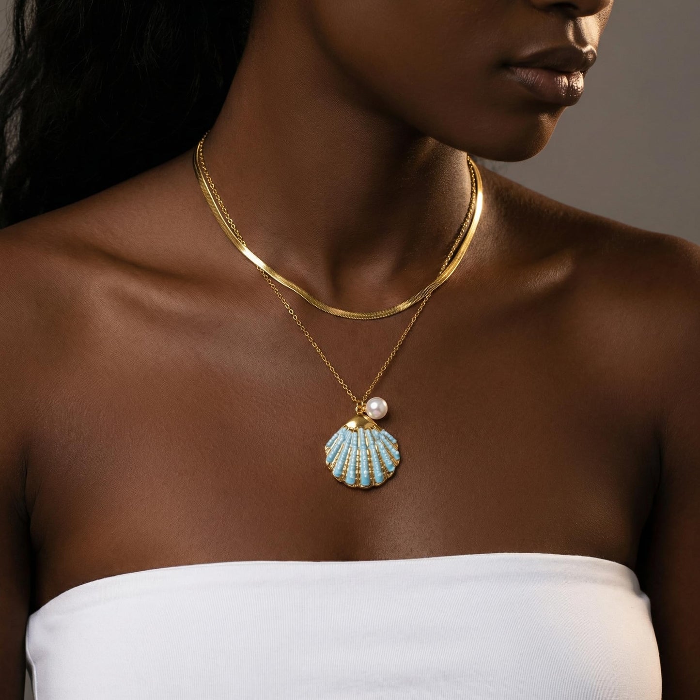 Harlermoon Gold Starfish Necklace for Women - 18K Gold Plated Stainless Steel Ocean Beach Jewelry, Sea Turtle Shell Pearl Pendant, Waterproof Non Tarnish Snake Chain Choker, Summer Vacation Mermaid Gifts (Large Shell Snake Chain)