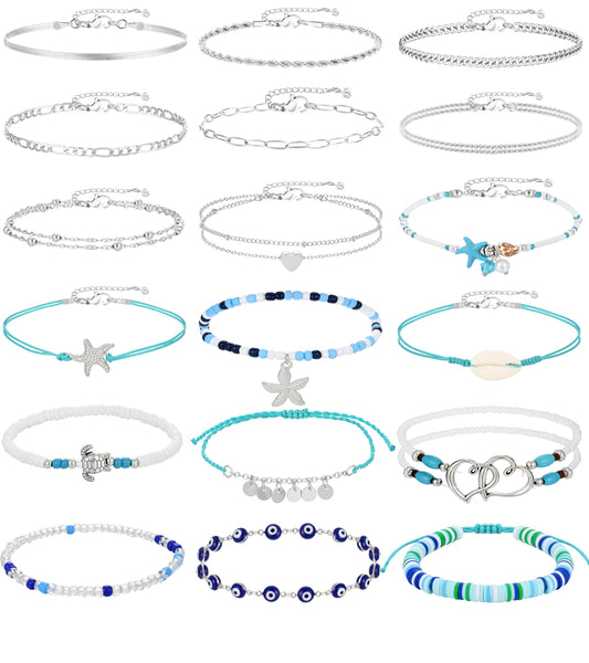 17KM 18PCS Silver Ankle Bracelets for Women, Boho Shell Bead Cuban Link Chain Waterproof Silver Anklets Set, Adjustable Layered Anklets for Women Beach Jewelry Gift