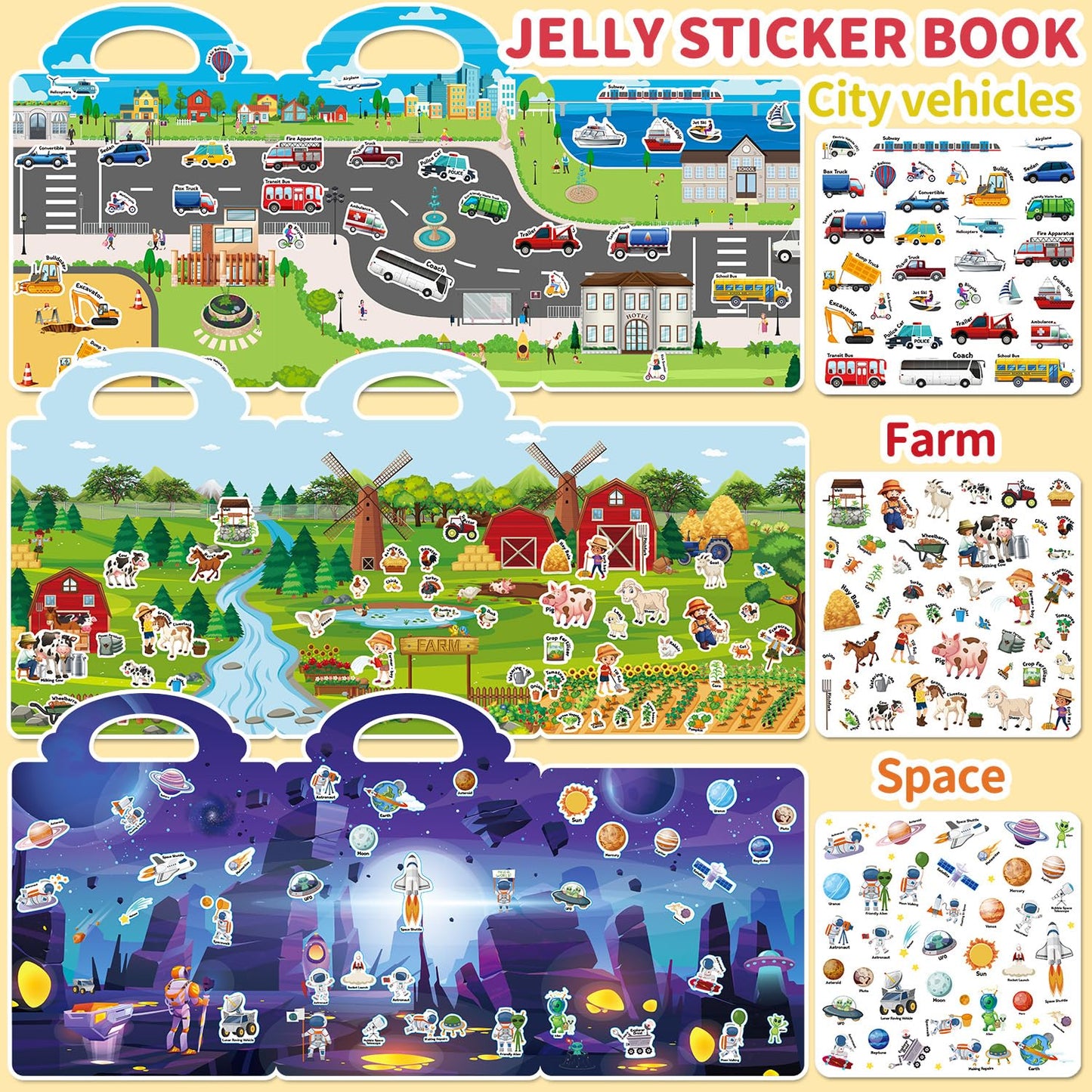 CREATIVETREES 6 Sets Reusable Sticker Book for Toddlers 3-6, Jelly Sticker Books for Toddler, Travel Sticker Activity Toys for Kids 3 4 5 6 Years Old Girls & Boys