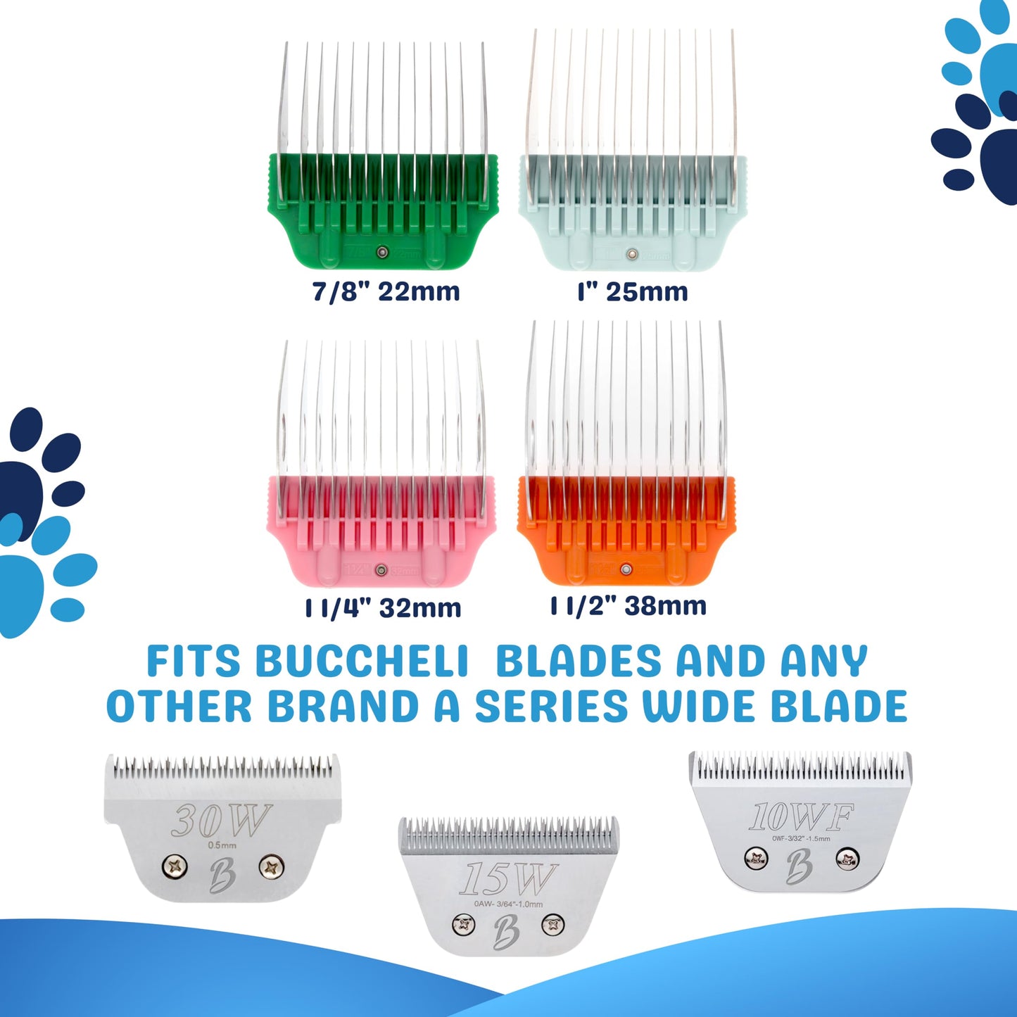 30 Wide Blade & 22mm 25mm 32mm 38mm Wide Clipper Guard Attachment Set for A5 Series Clippers| Stainless Steel Blade for Professional Dog Groomers| Snap-On/Off Design Wide Guard Combs for Dog Grooming