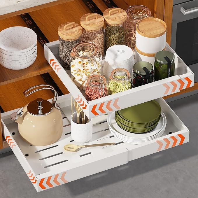 1 Pack Expandable Pull Out Cabinet Organizer 16.5" Deep, Adjustable Width 12.6"-20.5", No Drill Adhesive with Triple Track Rails, Heavy Duty Slide Out Drawers for Kitchen,Pantry,Cabinets,White