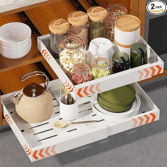 2 Pack Expandable Pull Out Cabinet Organizer 21" Deep, Adjustable Width 12.6"-20.5", No Drill Adhesive with Triple Track Rails, Heavy Duty Slide Out Drawers for Kitchen, Pantry, Cabinets,White