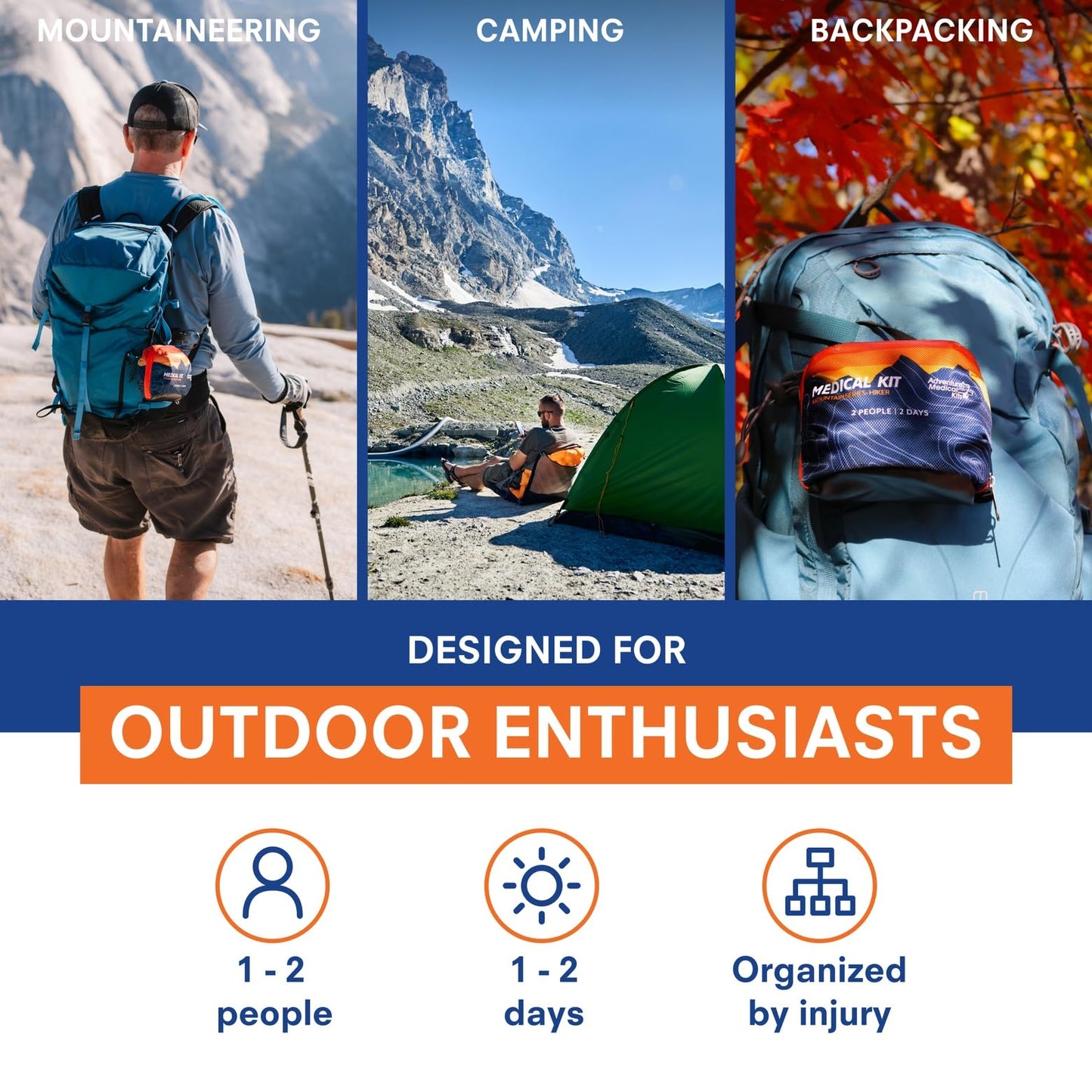 Adventure Medical Kits Mountain Series Medical Kit - Hiker - Emergency Medical First Aid Kit - for 2 People for 2 Days - Comes with a Trauma Pad, Medicine, Guide Book & More - Sunset
