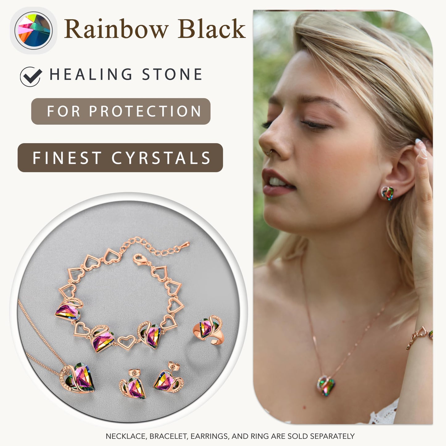 Leafael Gifts for Women Rose Gold Plated Necklaces: Heart Shaped Rainbow Black Healing Crystal, Cubic Zirconia, Hypoallergenic Chain (18"+2"), Jewelry for Anniversaries and Birthdays