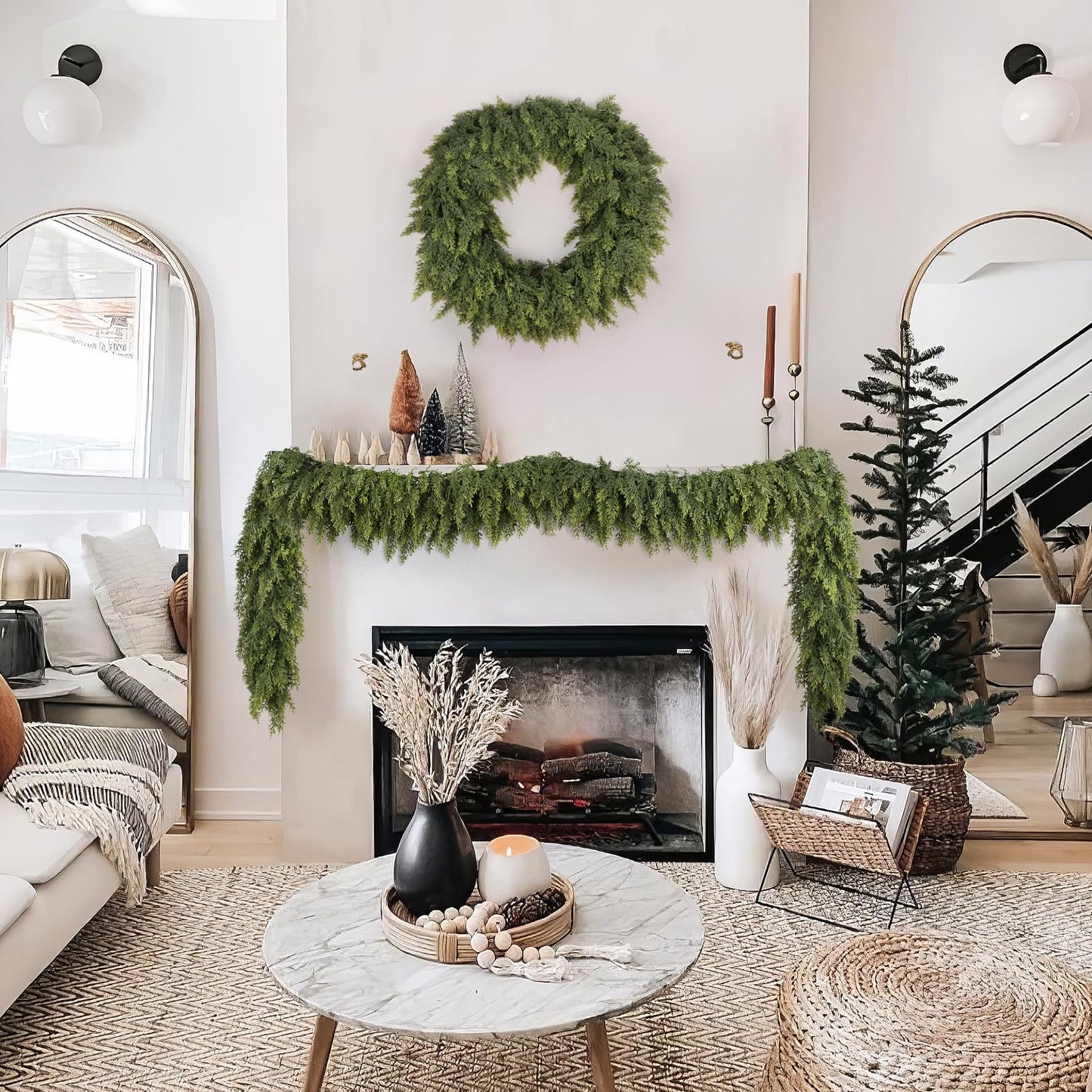 2 Pcs 9ft Christmas Cedar Garland with Soft Thickness Pine, Artificial Green Faux Cedar Pine Garland for Mantle Fireplace Indoor Outdoor Holiday Party Home Decoration