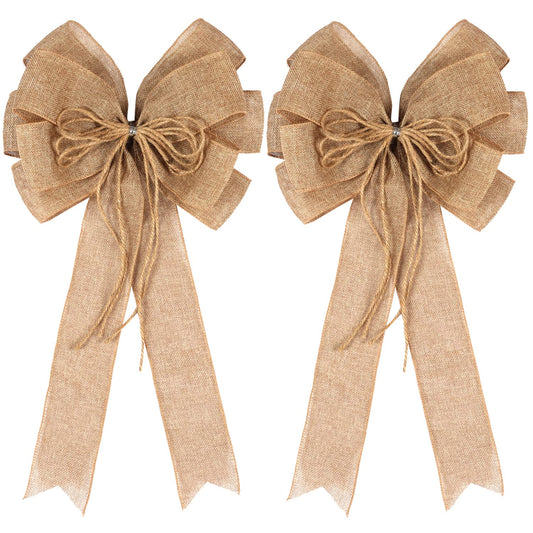2 Pack Large Burlap Jute Hemp Rope Bows for Wreaths,Rustic Farmhouse Crafts Bow Wrapping Tree Topper Wedding Holiday Birthday Party Wall Home Boho Front Door Decorations