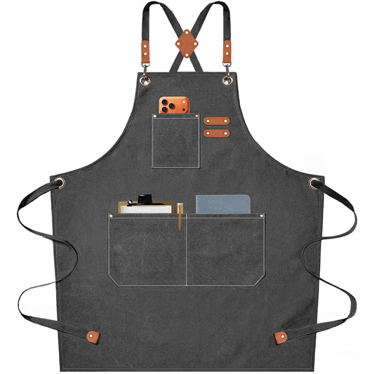 AFUN Chef Aprons for Men Women with Oversized Pockets, 16-Ounce Cotton Canvas Cross Back Heavy Duty Work Apron (Grey)