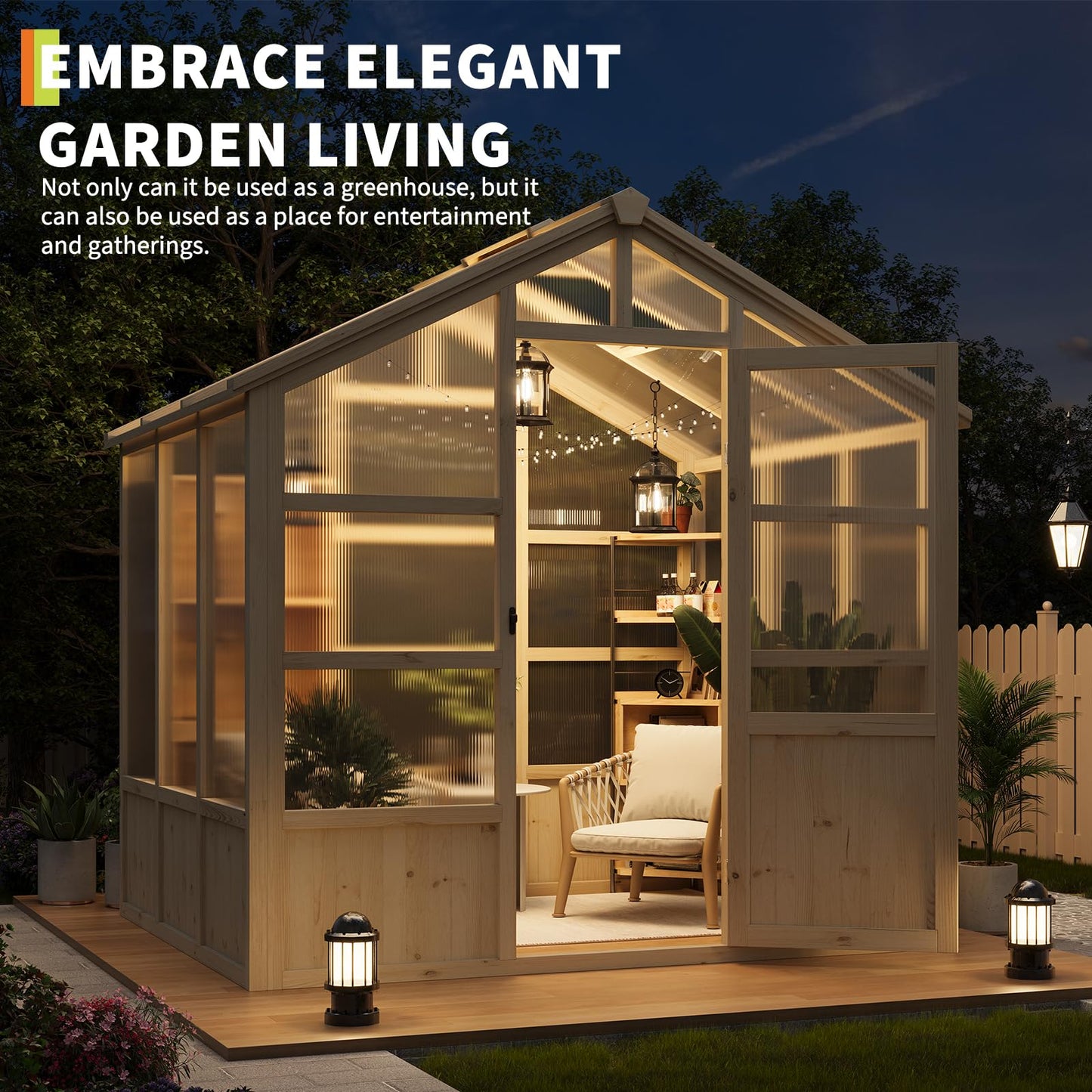 8x6 ft Wooden Greenhouse, Greenhouses for Outdoors with Lockable Door, Wood Frame & Adjustable Vent, Heavy Duty Greenhouse with Polycarbonate Panel for Outside, Garden, Yard, Light Brown