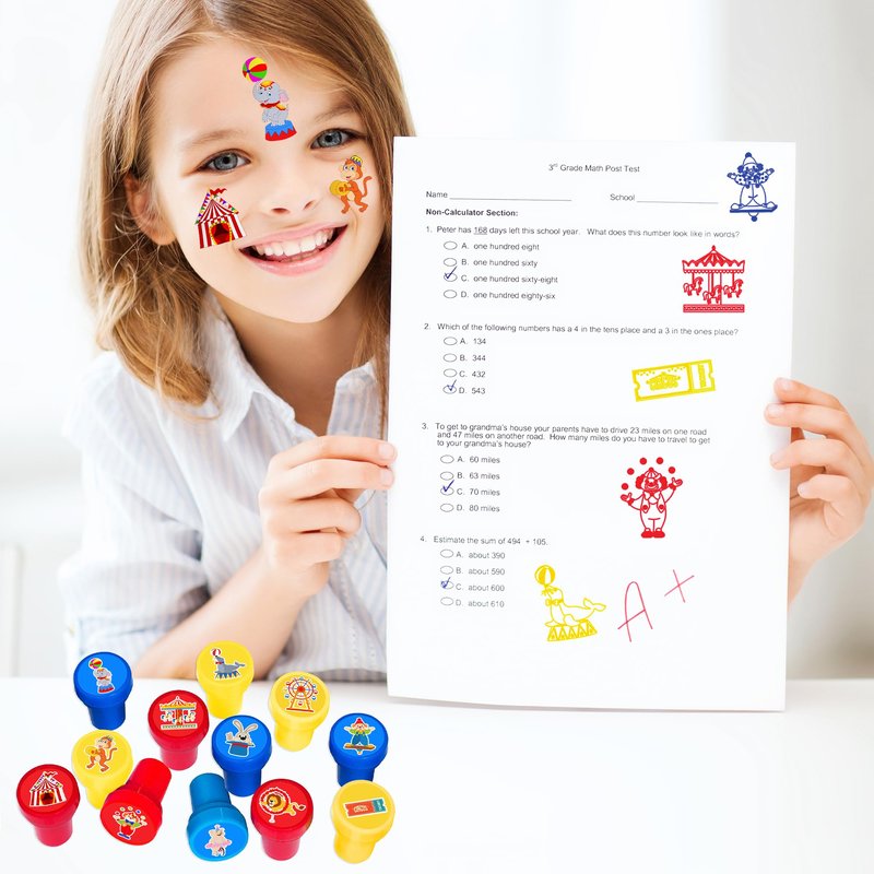 INKSOMOBA 36 PCS Carnival Party Favors for Kids - 24 Temporary Tattoos & 12 Circus Themed Stamps - Ideal Goodie Bag Fillers, Birthday Rewards, Classroom Prizes for Boys & Girls