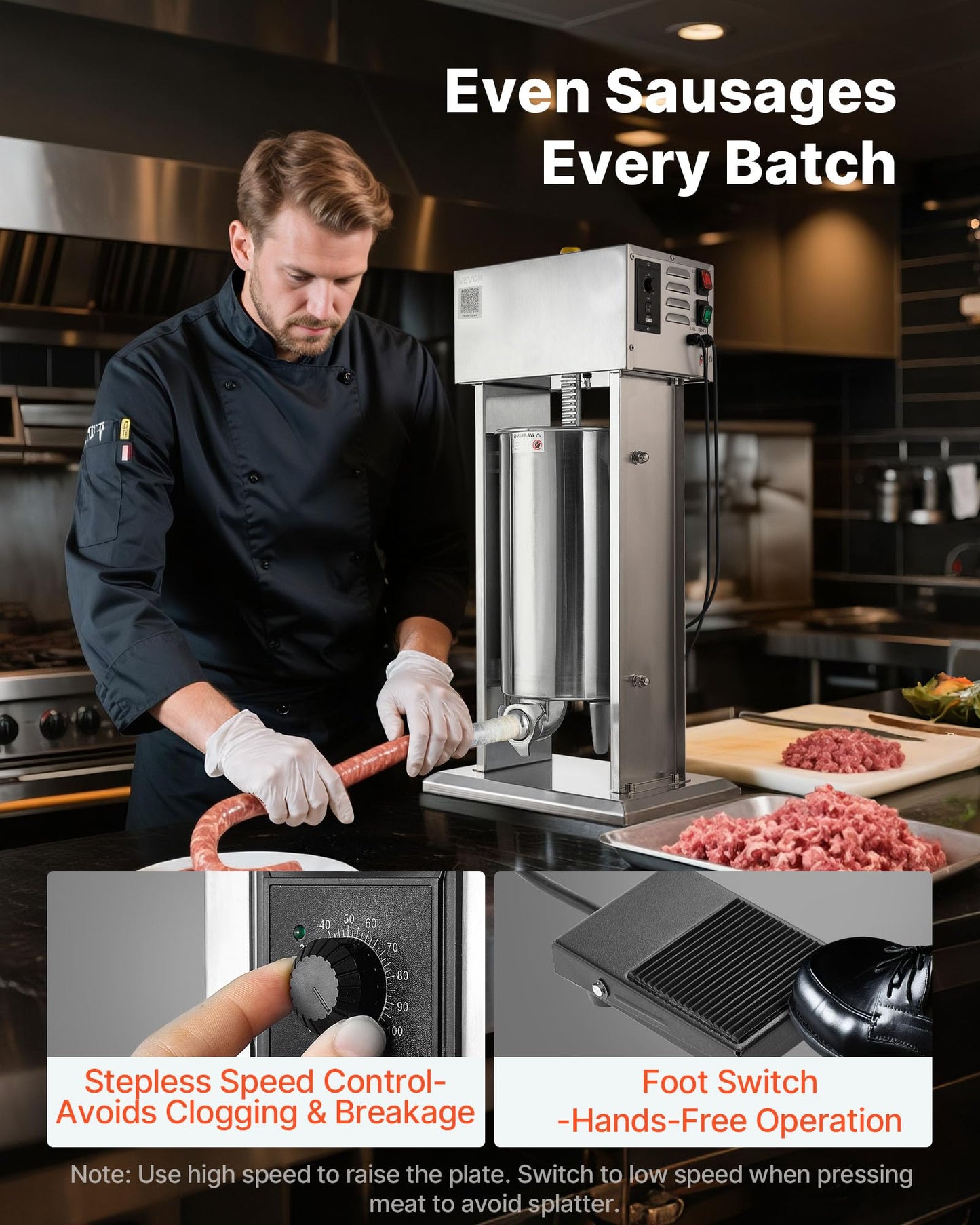 VEVOR Electric Sausage Stuffer, 33 LBS / 15 L Vertical Meat Stuffer, Stepless Speed Control and Foot Pedal, Stainless Steel Heavy Duty Sausage Filler with 4 Stuffing Tubes, for Commercial & Home Use