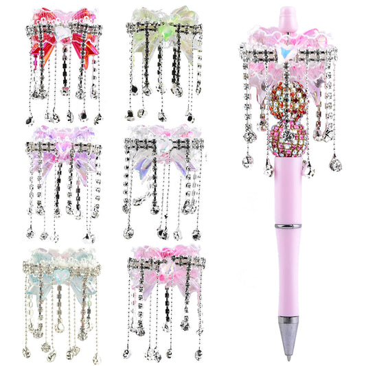 6Pcs White Lace Bow Rhinestone Acrylic Tassel Focal Beads for Pens Colorful 3D Bow Spacer Beads for DIY Craft Beadable Pens Jewelry Bracelet Necklace Earrings Keychain Making