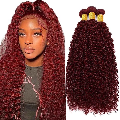 Fabimiya Human Hair Bundles Burgundy 99J Jerry Curly 14 16 18 Inch Bundles Human Hair 100% Unprocessed Burgundy Soft Sewn In Hair with Double Weft for Black Women