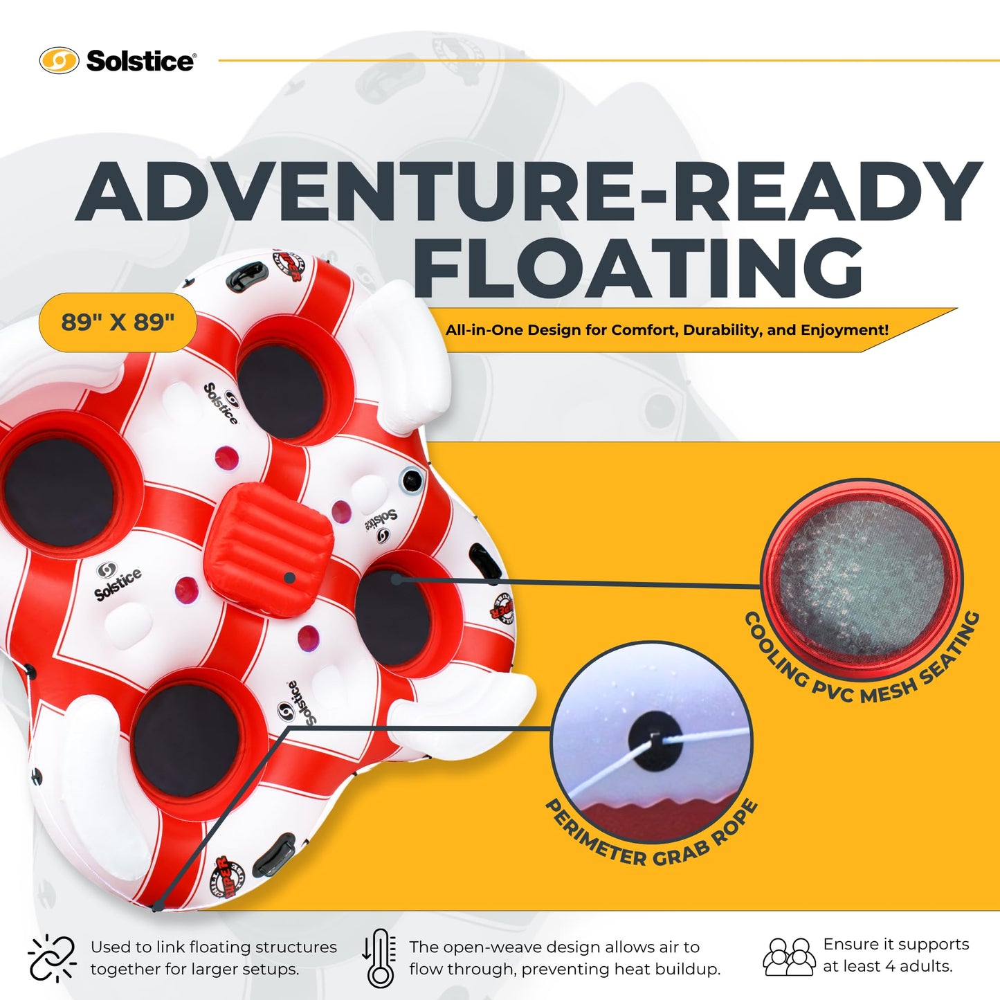 SOLSTICE Inflatable Tube Float – Heavy-Duty Material with Grab Handles for Pool, Lake & River – Compact with Backrest, Mesh Base, Cupholders & Rope – 4-Person, White & Red, 89" – Super Chill