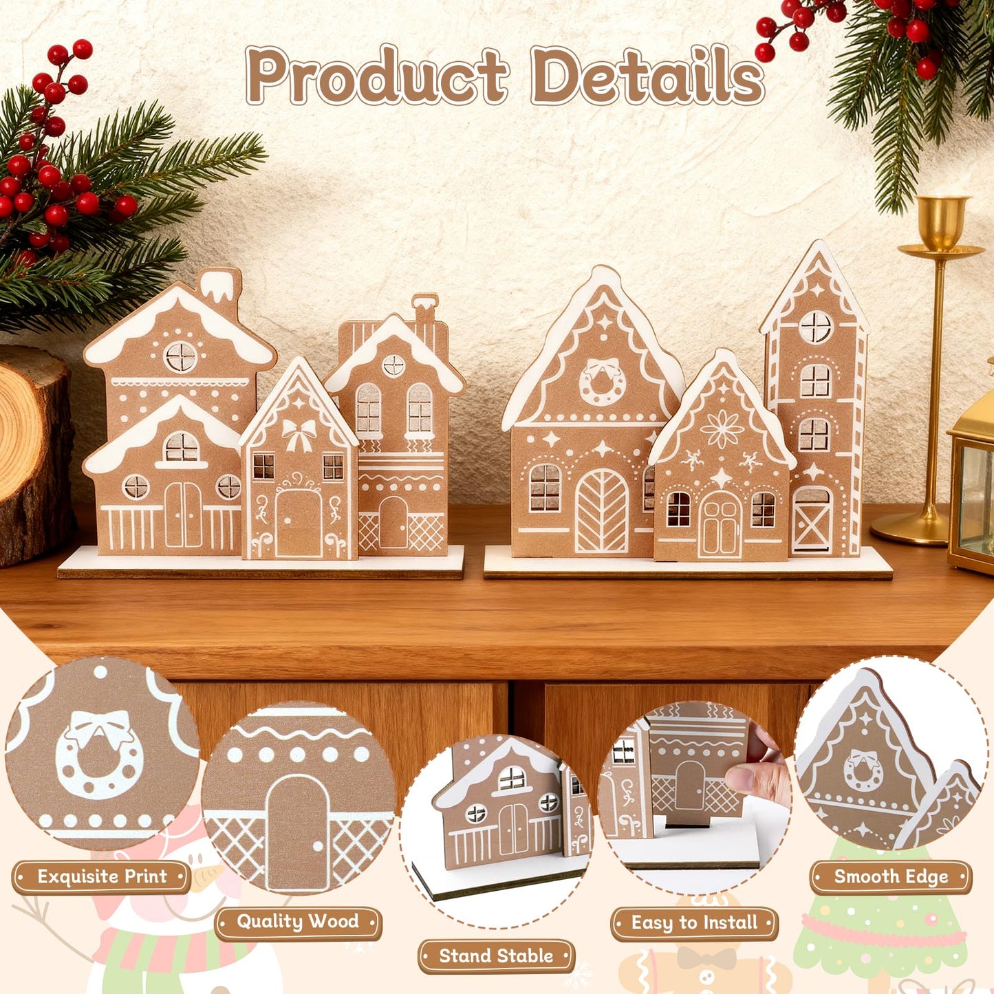 APUDWN Christmas Gingerbread House Table Decoration Wooden Gingerbread House Set with 6 Mini Houses and 2 Bases for DIY Farmhouse Holiday Display, Rustic Xmas Tabletop Centerpiece for Desk or Shelf