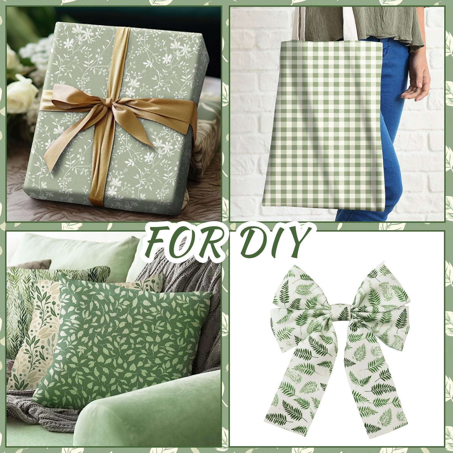 Tegeme 40 Pcs 10 x 10 Inches Sage Green Floral Fabric Squares Vintage Greenery Precut Fabric Bundle Retro Eucalyptu Gingham Polka Dot Spring Leaves Printed Sewing Sheet for Craft DIY Quilting Sewing
