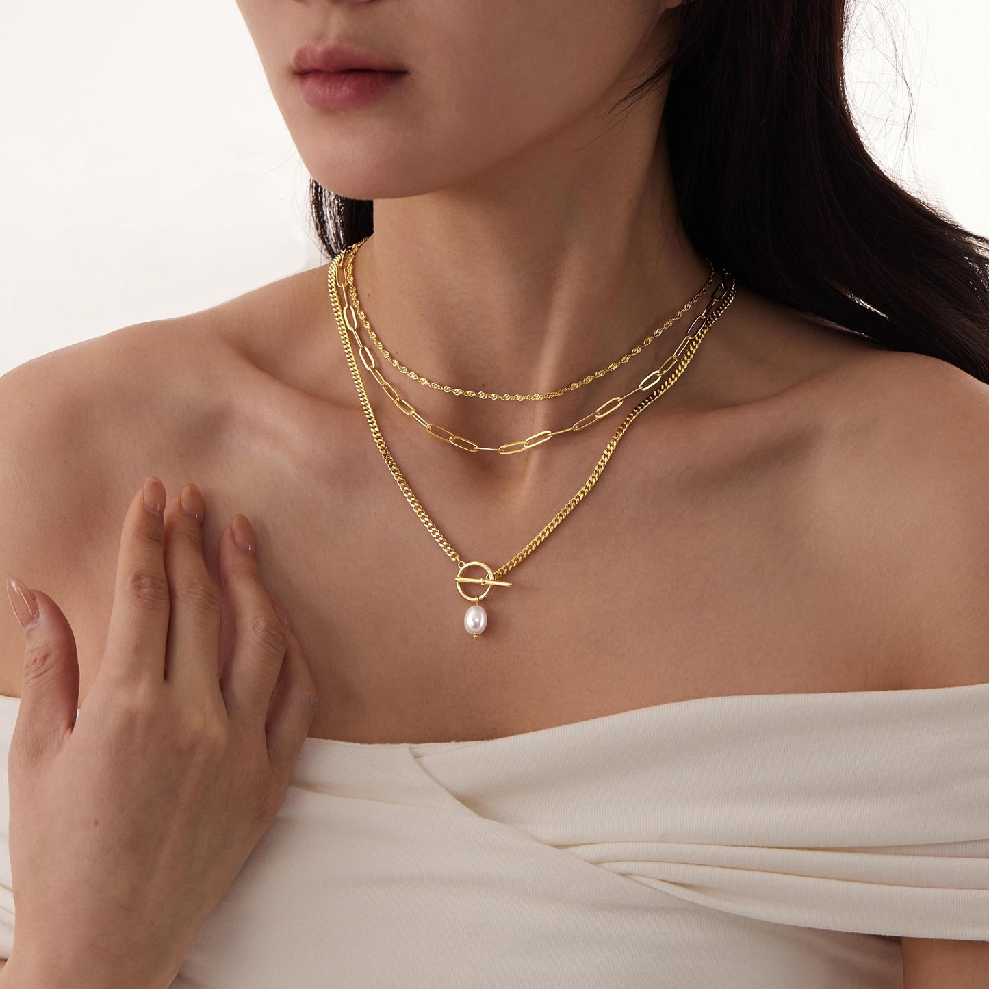 Layered Gold Pearl Pendant Toggle Necklaces for Women Dainty 14K Gold Plated Stack Trendy Choker Paperclip Necklace Simple Toggle Pearl Chain Twist Rope Chain Jewelry Set Gifts for Women