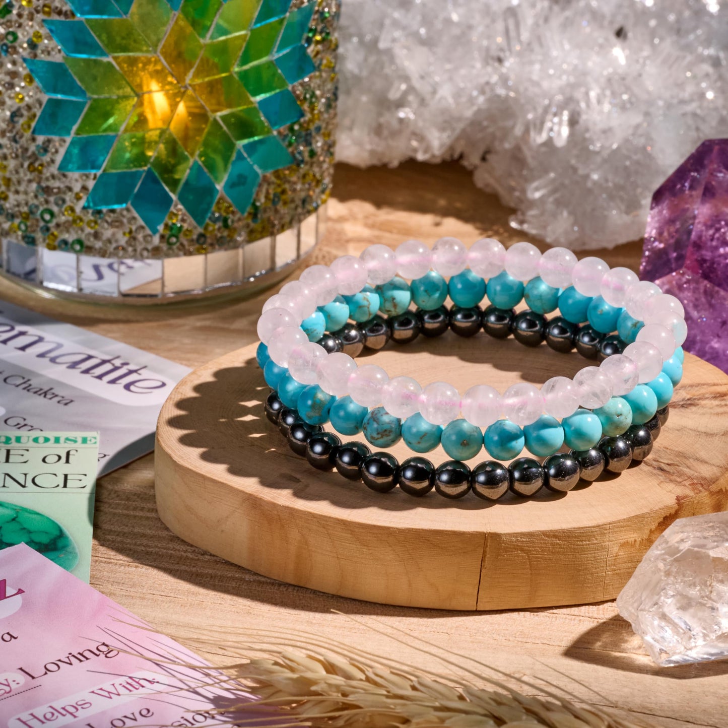Bivei 3-Piece 8mm Beaded Bracelets for Women – Hematite, Rose Quartz, Green Turquoise – Handmade Natural Crystal Stretch Elastic Jewelry for Meditation, Yoga, Protection Gifts