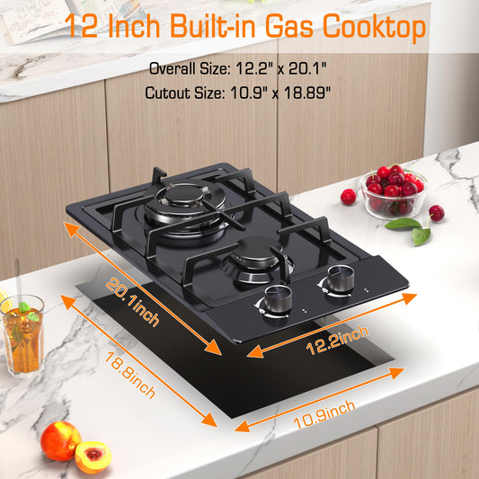 2 Burner Gas Cooktop, 12 Inch Built-in Propane Stove Top, NG/LPG Dual Fuel with Thermocouple Protection, Black Enamel Cooktop for Apartment & RV