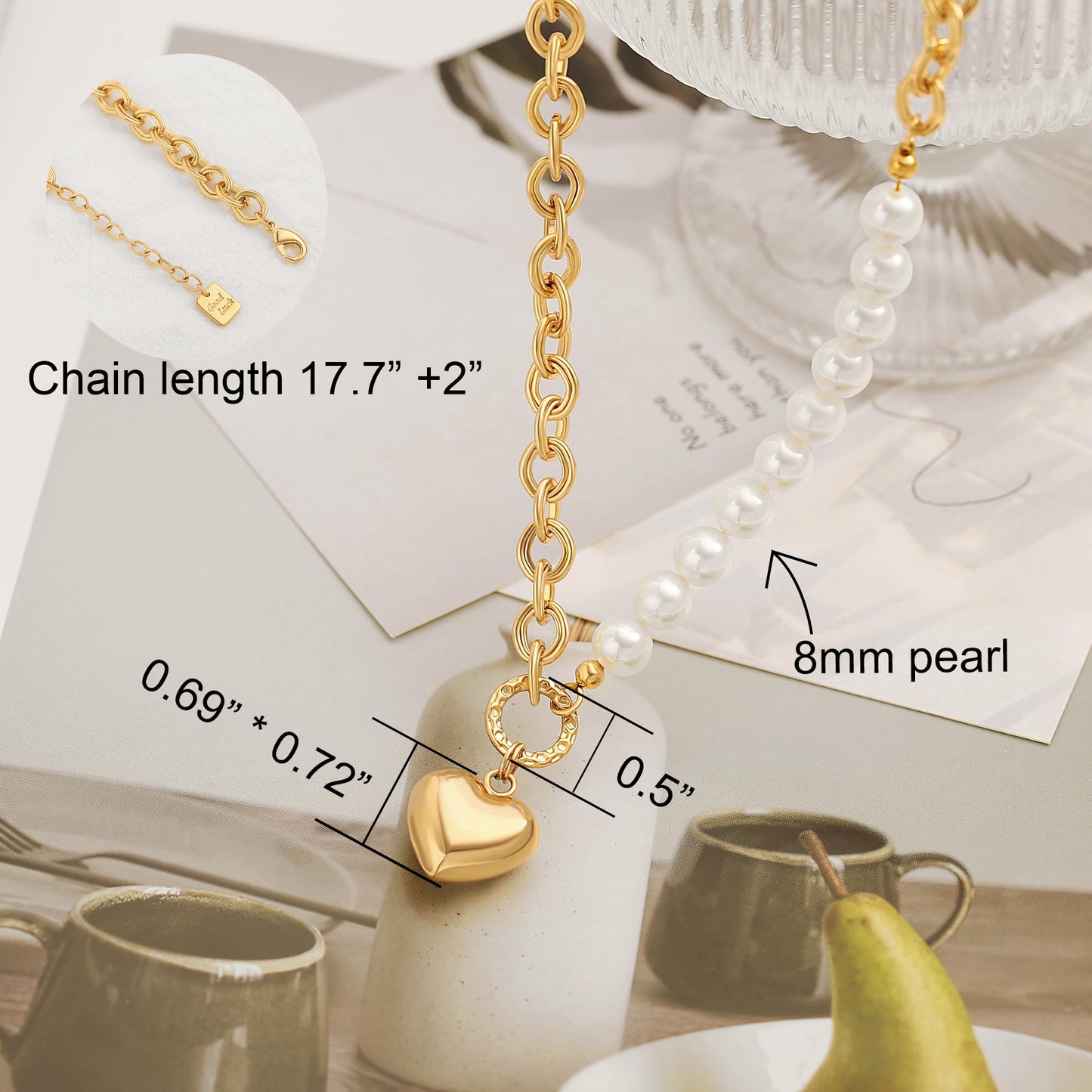 CANEVINKA 18K Gold Plated Dainty Pearl Chain Choker Necklace Puffy Heart Pendant Jewelry Gifts for Women