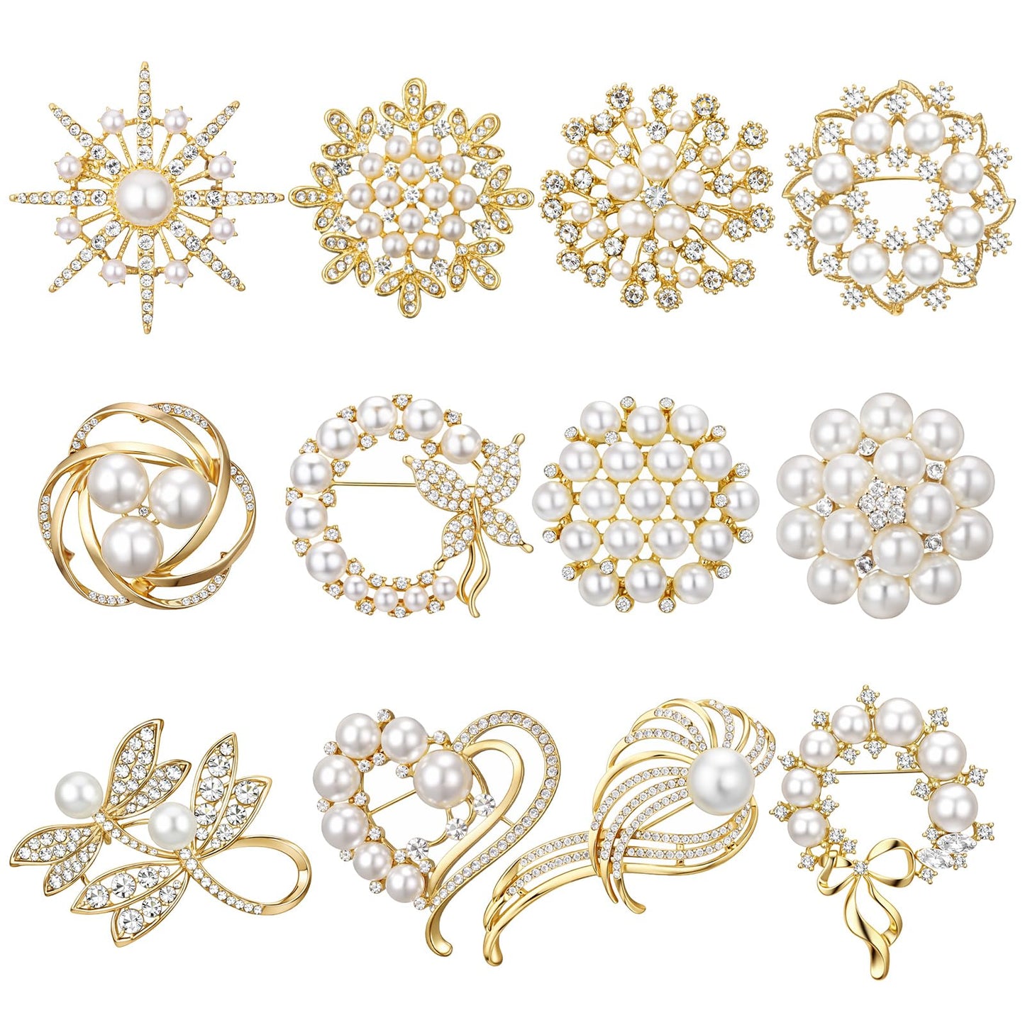Junkin 12 Pcs Women Brooches Bulk Set Rhinestone Pin Crystal Vintage Brooch Retro Pin Summer Wedding Gifts for Women Girls(Pearl)