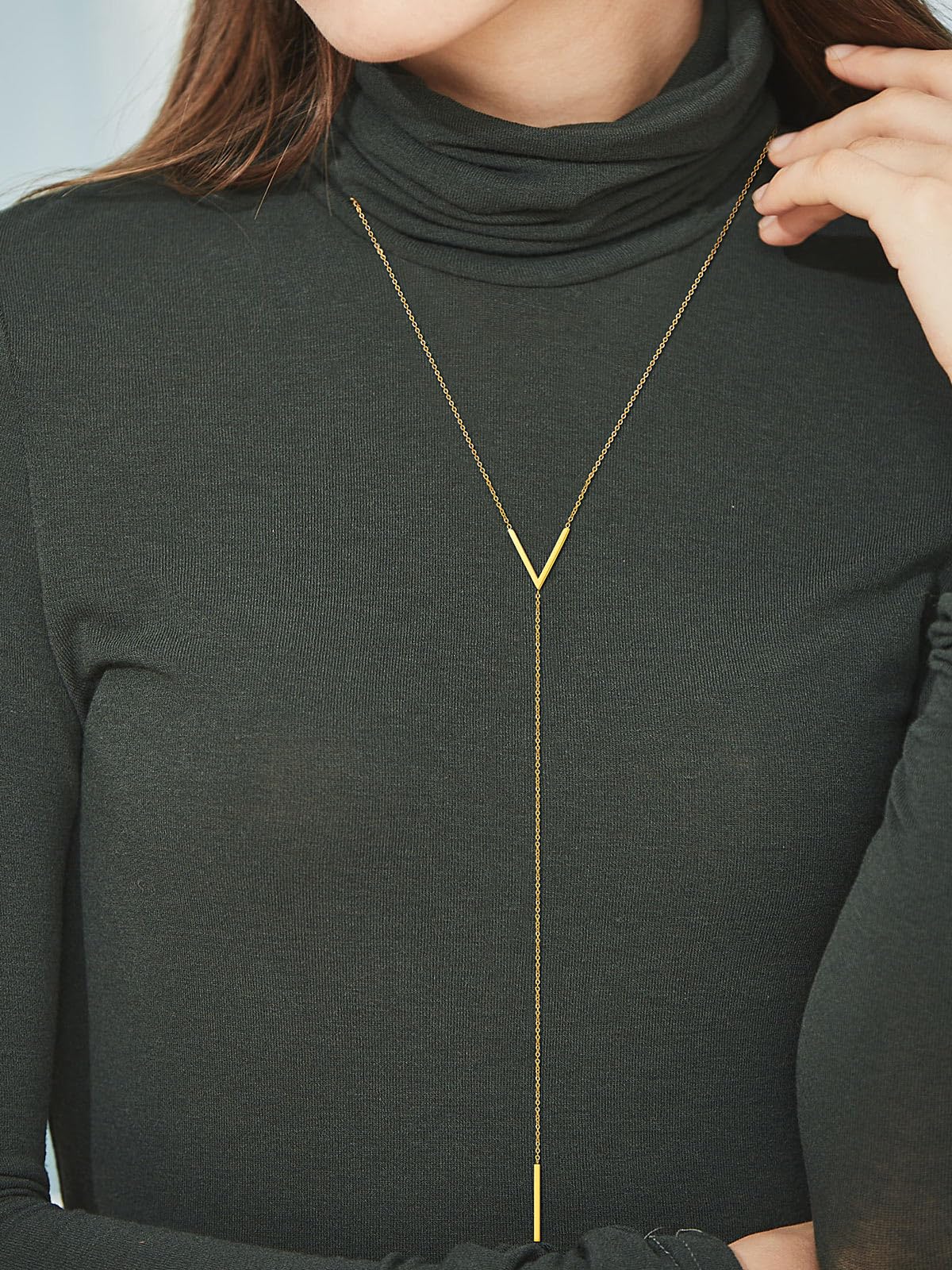 FOCALOOK Bar Pendant Y Gold Necklace Hypoallergenic Stainless Steel 14K Gold Plated Minimalist Dangle Extra Long Pendant Lariat Necklaces for Women