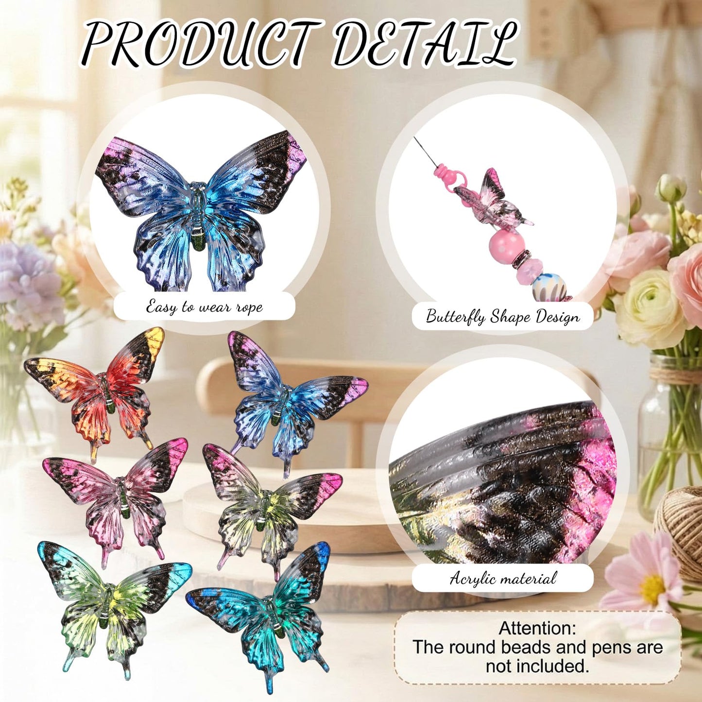 Tondiamo 60 pcs Acrylic Butterfly Beads for Pens Bulk Cute Colorful Transparent Fancy Acrylic Bead for Beaded Pen Necklace Bracelet Charms Keychain Making Jewelry Making DIY Gifts