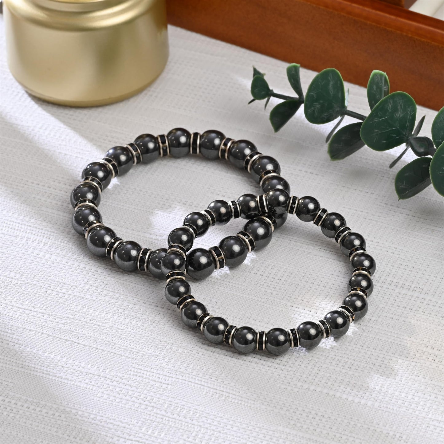 Apocalyptic-K Women's Magnetic Bracelet，Hematite Bracelets，Magnetic Bracelets With Zirconia,Handmade Stretch Bracelet，Eliminates static electricity. (Black Zirconia,6MM)