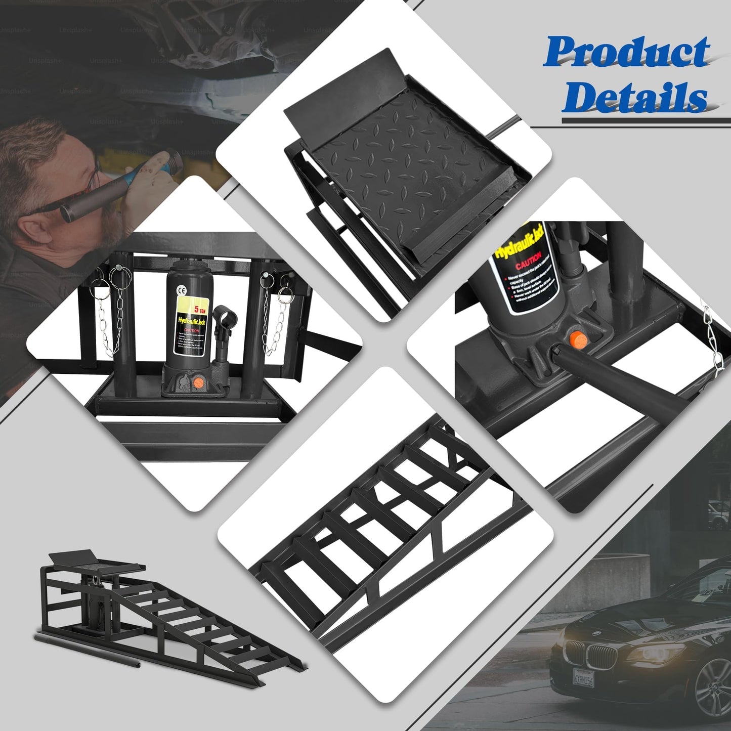2 Pack Hydraulic Car Ramps 5 T 10000 LBS Low Profile Car Lift Service Ramps Truck Trailer Garage,Height Hydraulic Vehicle
