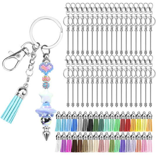 72 Pcs Beadable Keychains Bars, Included 36Pcs Beadable Keychains Bars Bulk Blank for Keychain Making and 36Pcs Colorful Leather Tassel, Keychain Making kit for DIY Crafts Women Men Gift(Pointed tip)